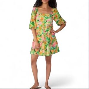 Sanctuary Weekender Babydoll Mini Bold Floral Dress 1/2 Sleeves Size Large